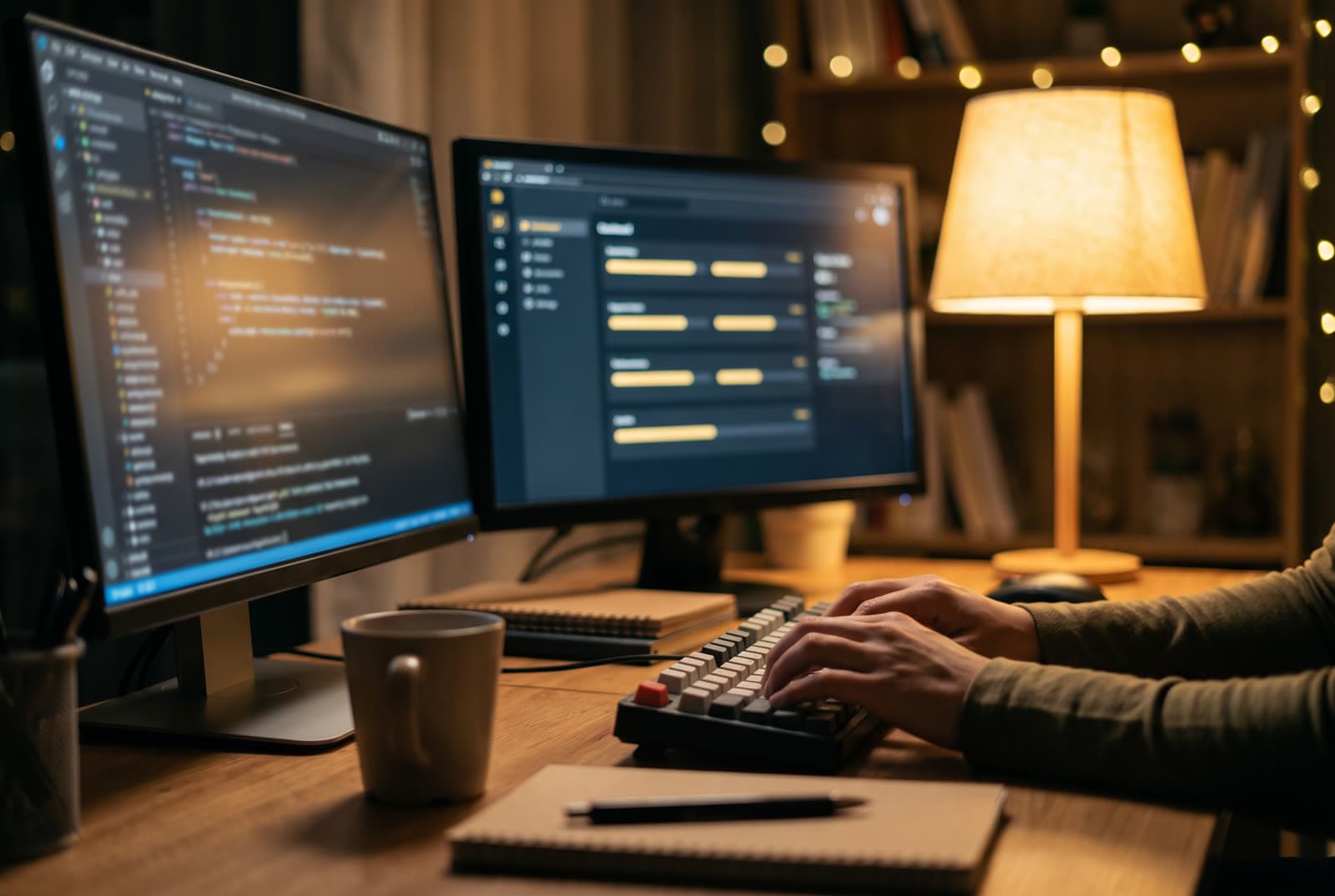 Developer workspace at night with two monitors and a warm desk lamp