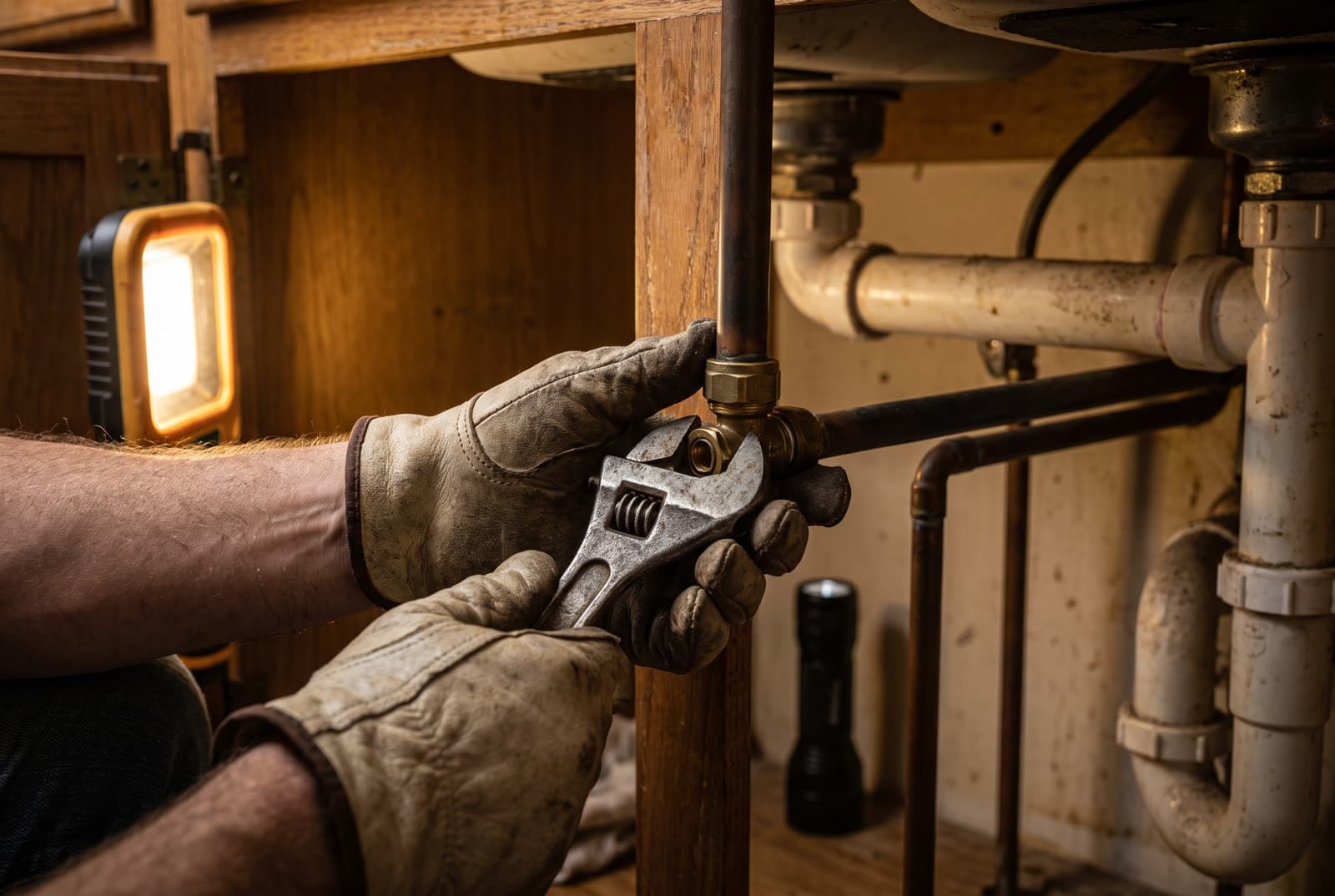 Plumber tightening a copper fitting under a kitchen sink
