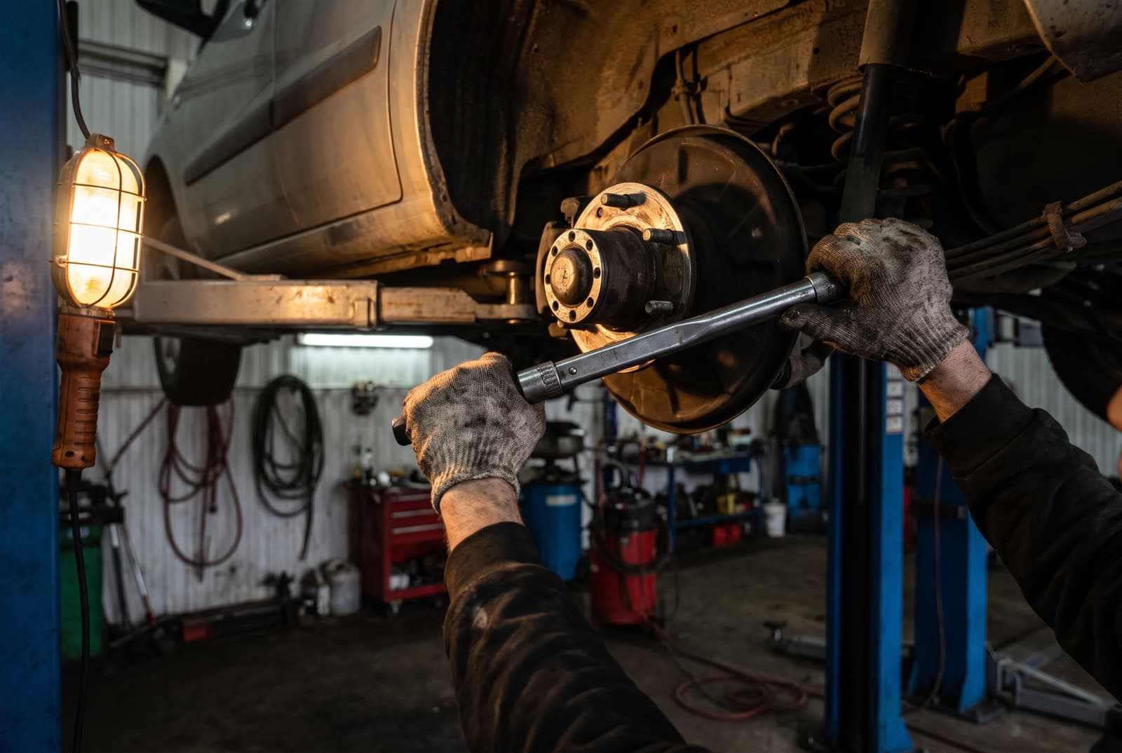 Mechanic torquing a wheel hub on a lifted car in a service bay